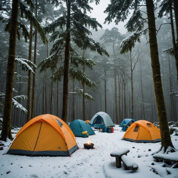 Quels sont les équipements nécessaires pour un camping en région de forêt pluviale en hiver ?